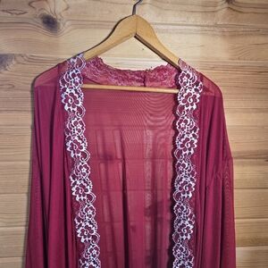 Sheer Robe Dressing Gown Long Sleeve Lace Trim Red White Womens 3XL Boudoir Sexy